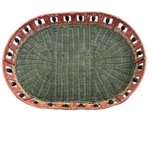 Rattan Green/Orange Oval Beaded Serving Tray Preowned